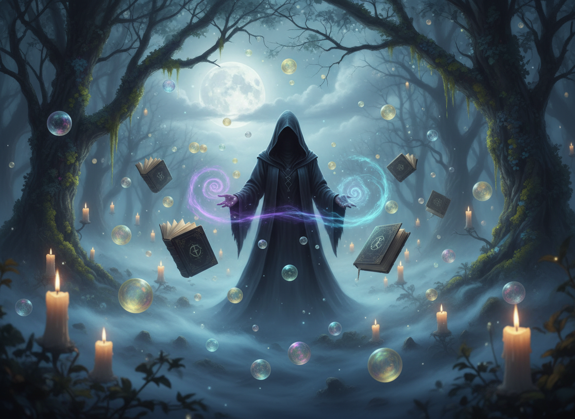 A dreamy witchcraft scene — a mysterious figure in a moonlit misty forest with glowing orbs and swirling magical energy